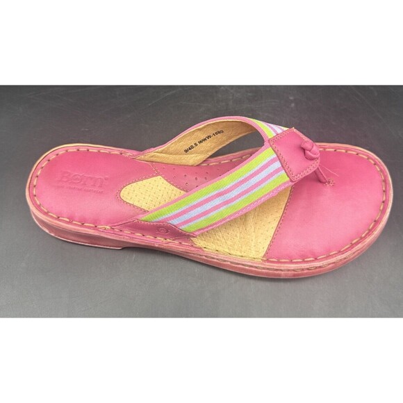 BORN Women’s PINK Leather w/ Stripes FlipFlop Slip On Flat Sandals Sz 8-8.5 - Picture 3 of 15